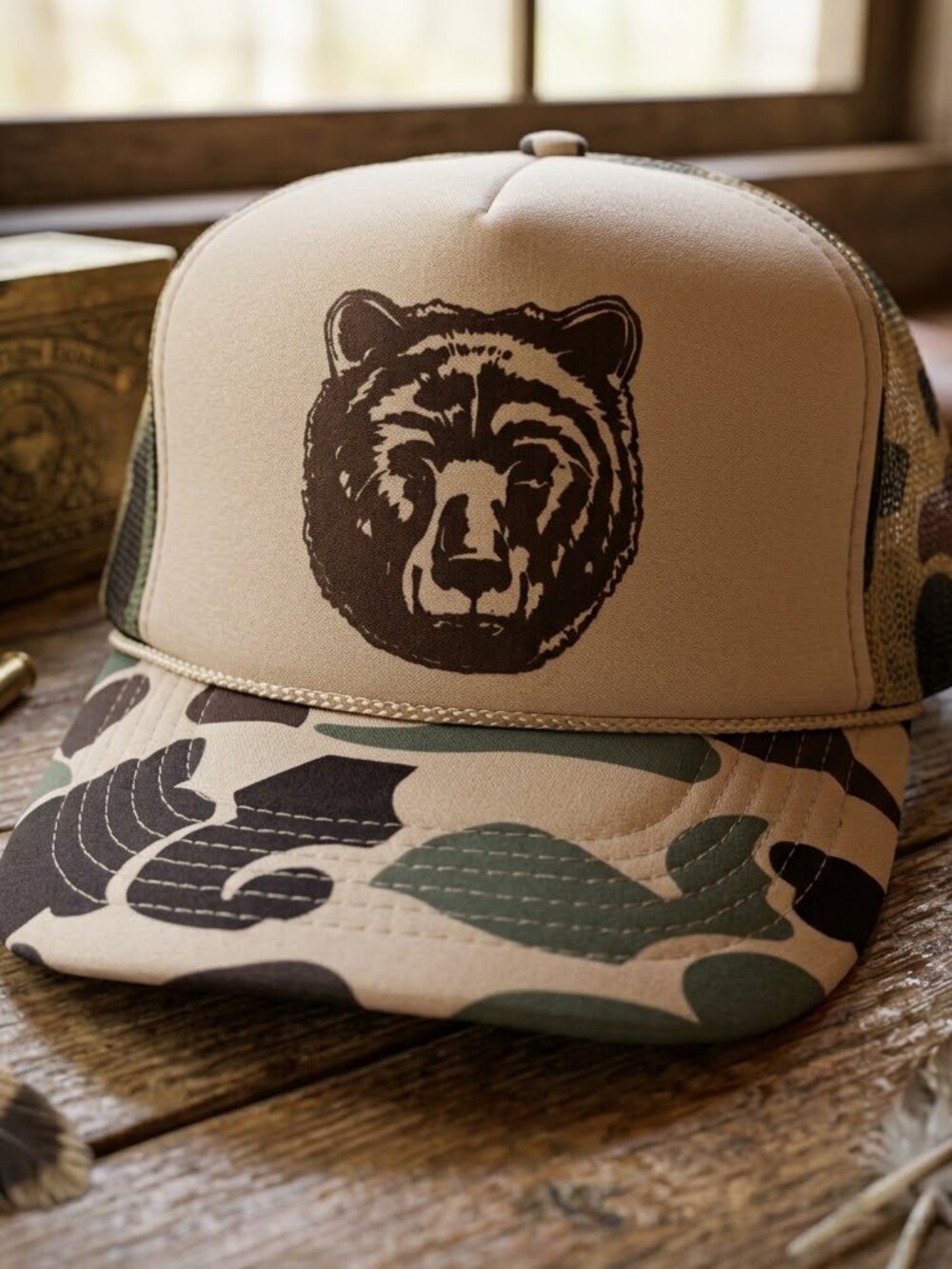 Retro Grizzly Bear Hat Wildlife Hunting Duck Camo Foam Rope Snapback Cap USA New
